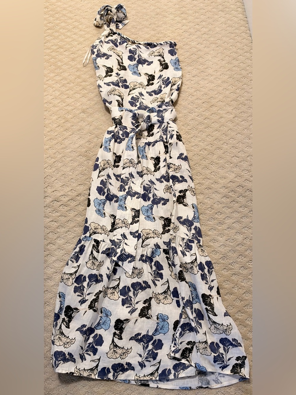 Johanna Ortiz Floral One Shoulder Linen Maxi Dress Size 4 Blue White
